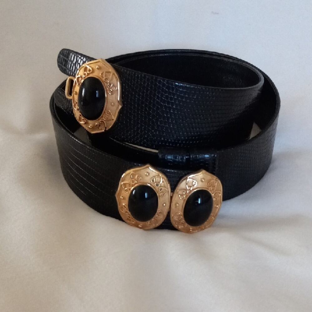 Black Textured High-end Belt with Gold-Tone & Black Stone Buckles